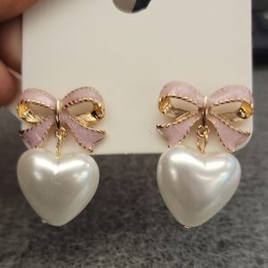 Elegant Pink and Gold Bow Heart Earrings